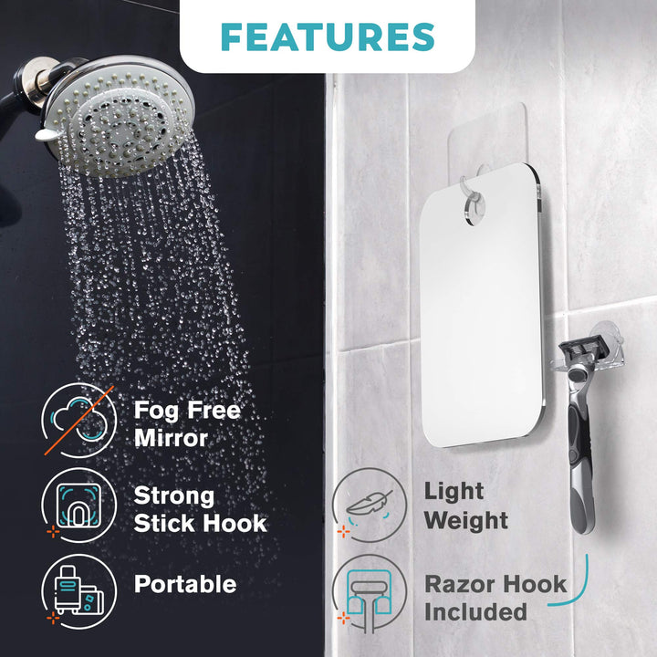 Small 4x6in Wall Mount Home Mirror - Fogless Shower Shaving, Anti Fog, Razor Holder, Bathroom Accessories, Plastic, White, Travel