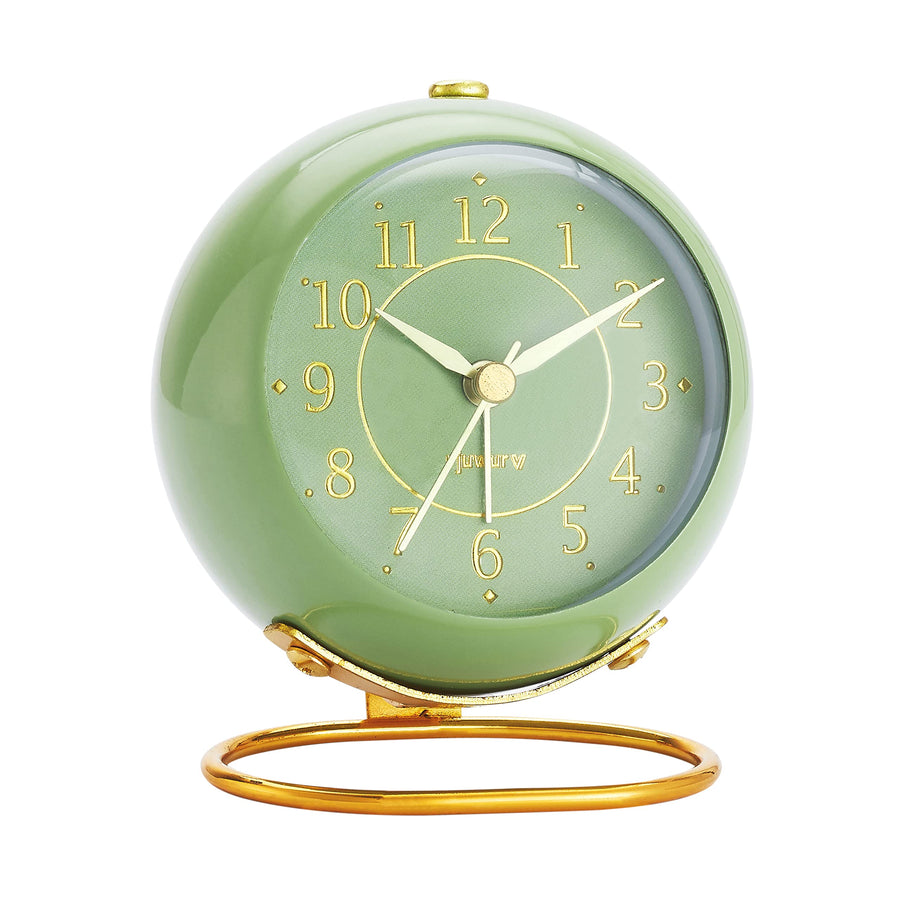 Metal Desk Clock, Retro Bedroom Table Vintage Analog Alarm Clock, Silent Non-Ticking Gold Clock, Bedside Décor(Olive-Green)