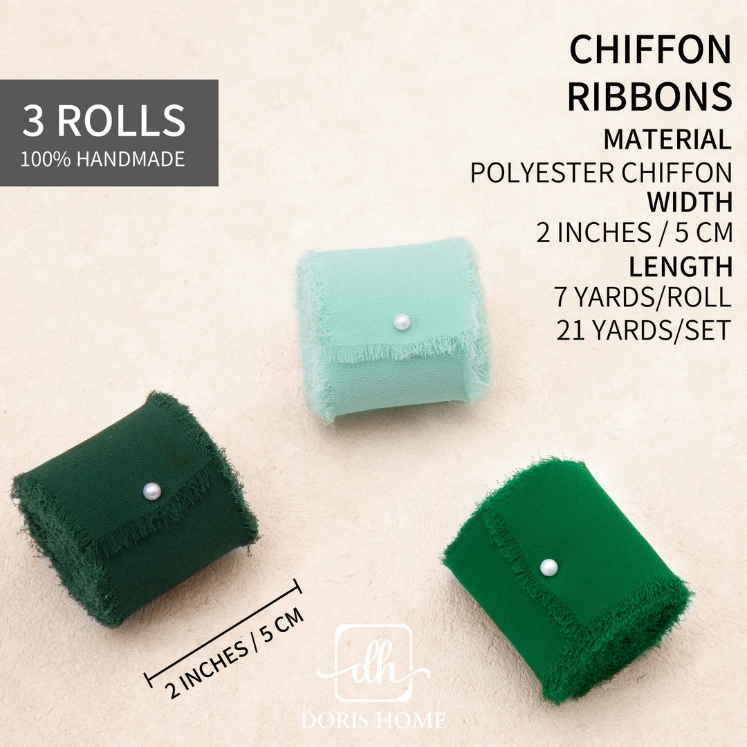 Doris Home Handmade Fringe Fabric Chiffon Silk-Like Ribbon 2 x 7Yd Set of 3 Rolls Ribbons for Wedding Invitations, Bouquets, Gift Wrapping (Dark Green/Forest Green/Mint Green)