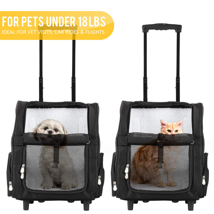 Deluxe Backpack Pet Travel Carrier with Double Wheels for Pets up to 18 Pounds - Black