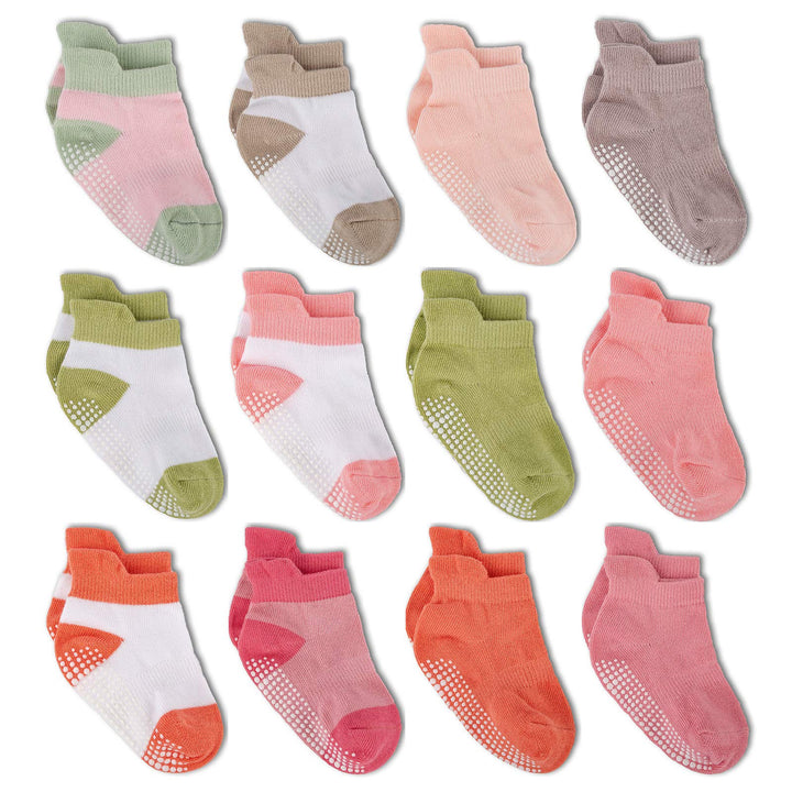 Baby Girls Non Slip Grip Ankle Socks with Non Skid Soles for Infants Toddlers Kids, 12 Pairs, Pink Pop, 6-12 Months