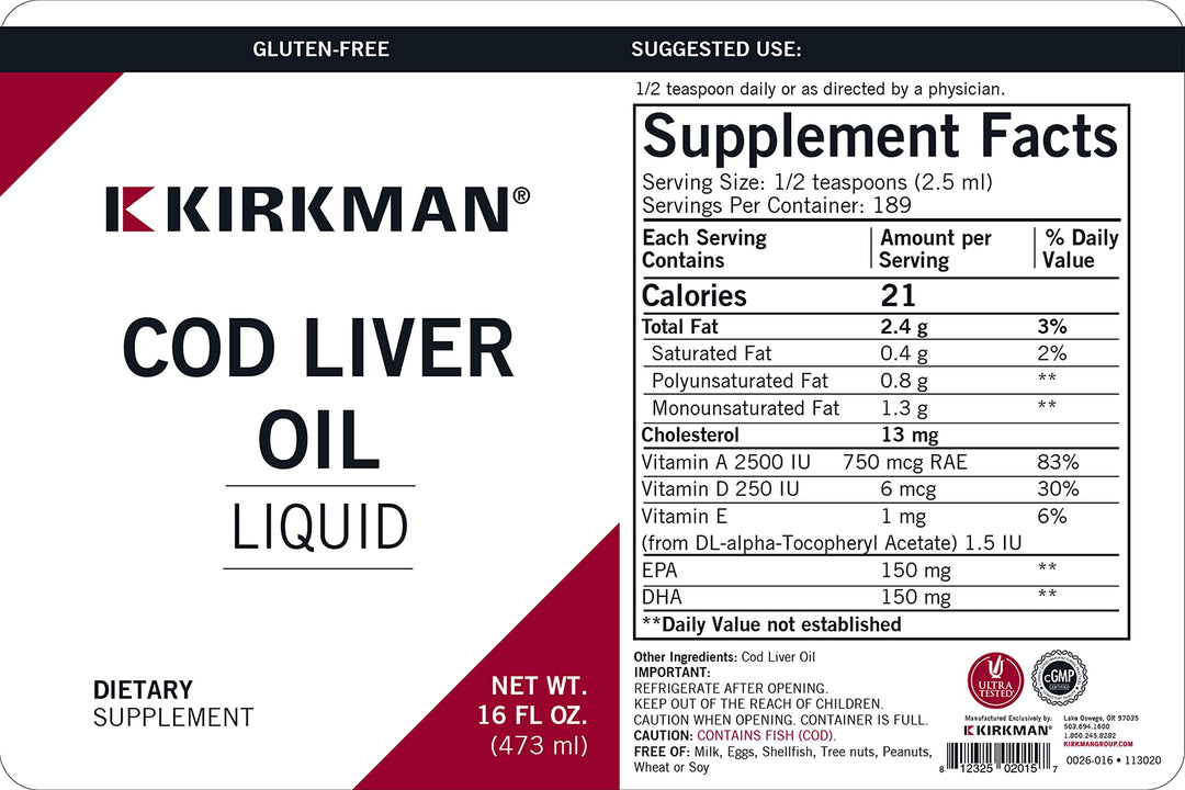 Kirkman Cod Liver Oil Liquid - Unflavored 16oz.