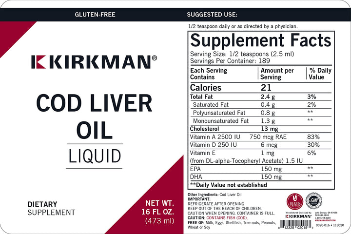 Kirkman Cod Liver Oil Liquid - Unflavored 16oz.