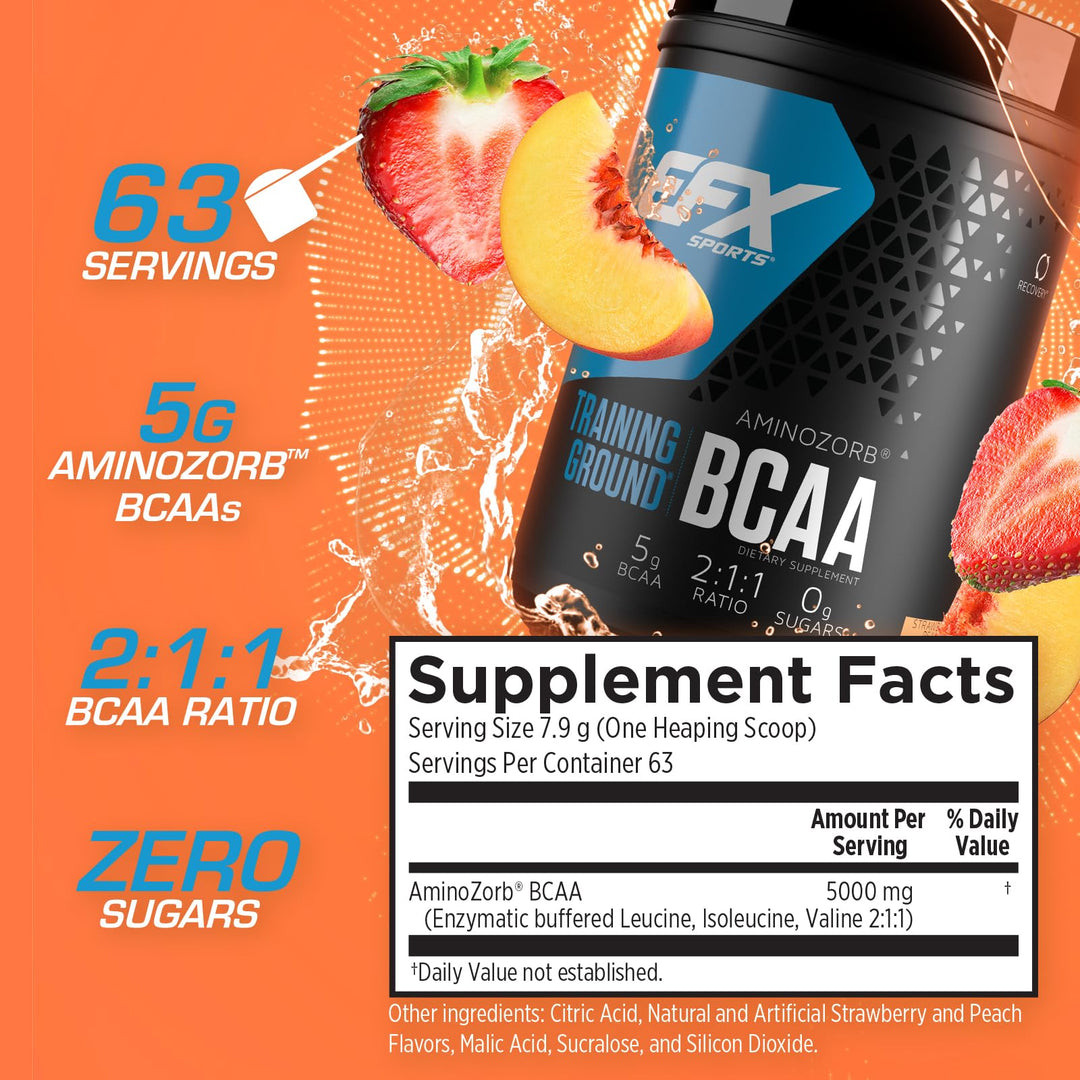 EFX Sports Training Ground BCAA | Fully Stable, Highly Soluble Amino Acids Supplement | Pre, Intra, or Post Workout | Sugar Free | 500 Grams (Strawberry Peach)