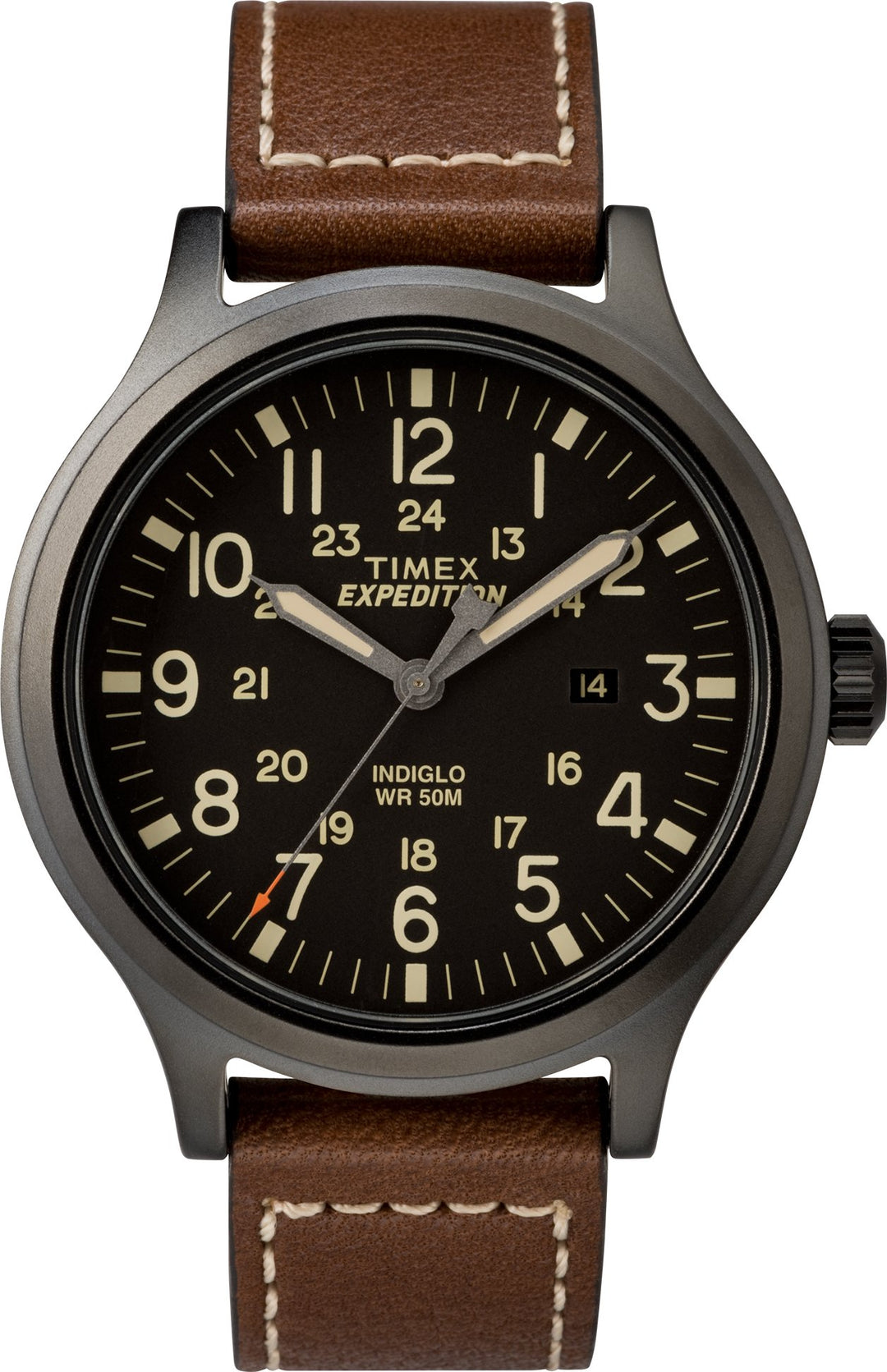 Men&#39;s Expedition Scout 43mm Watch – Black Dial &amp; Case with Brown Leather Strap
