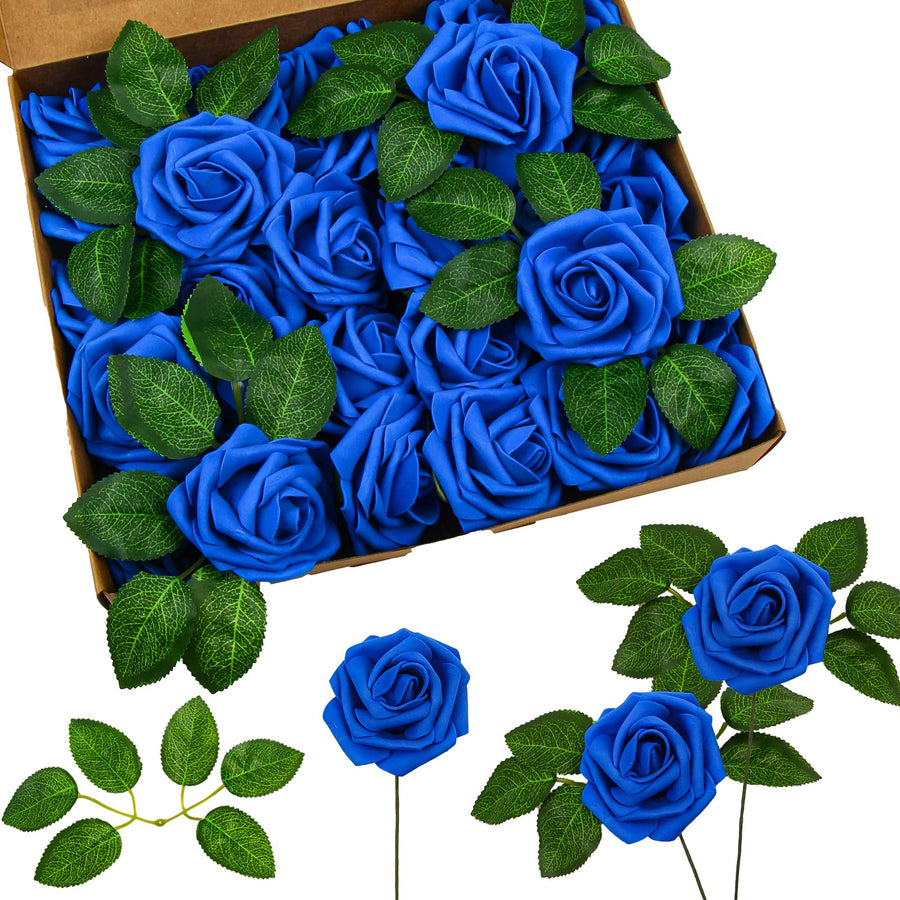 Blue Fake Rose Flowers in Bulk,30 Pcs Artificial Foam Flowers with Stem for Wedding Centerpieces,DIY Bouquets,Craft and Home Floral Arrangement Decorations