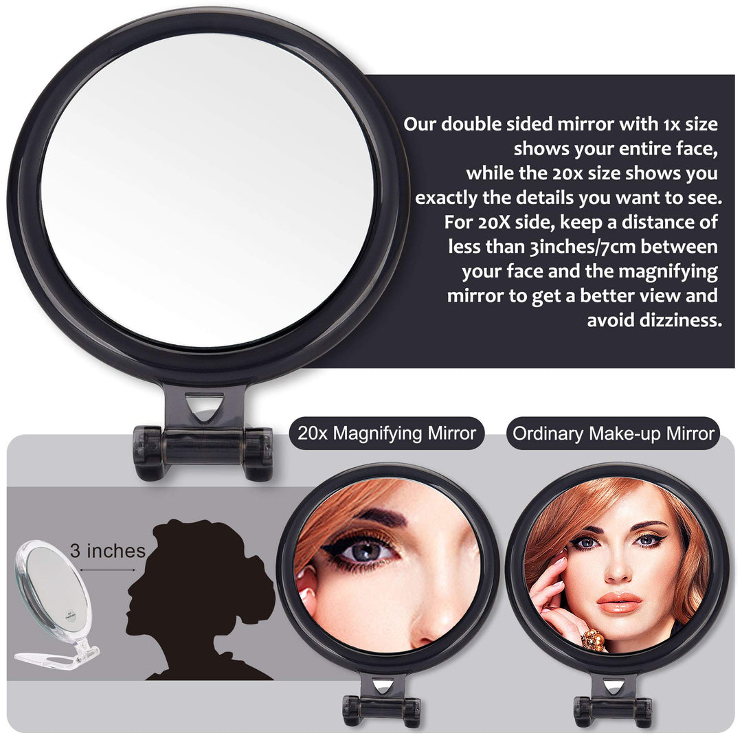 Magnifying Mirror 20x/1x,Double Sided Magnifying Mirror with Stand,Magnified Hand Mirror for Makeup,Blackhead/Comedone Removal (5inch,20X/1X,Silver)