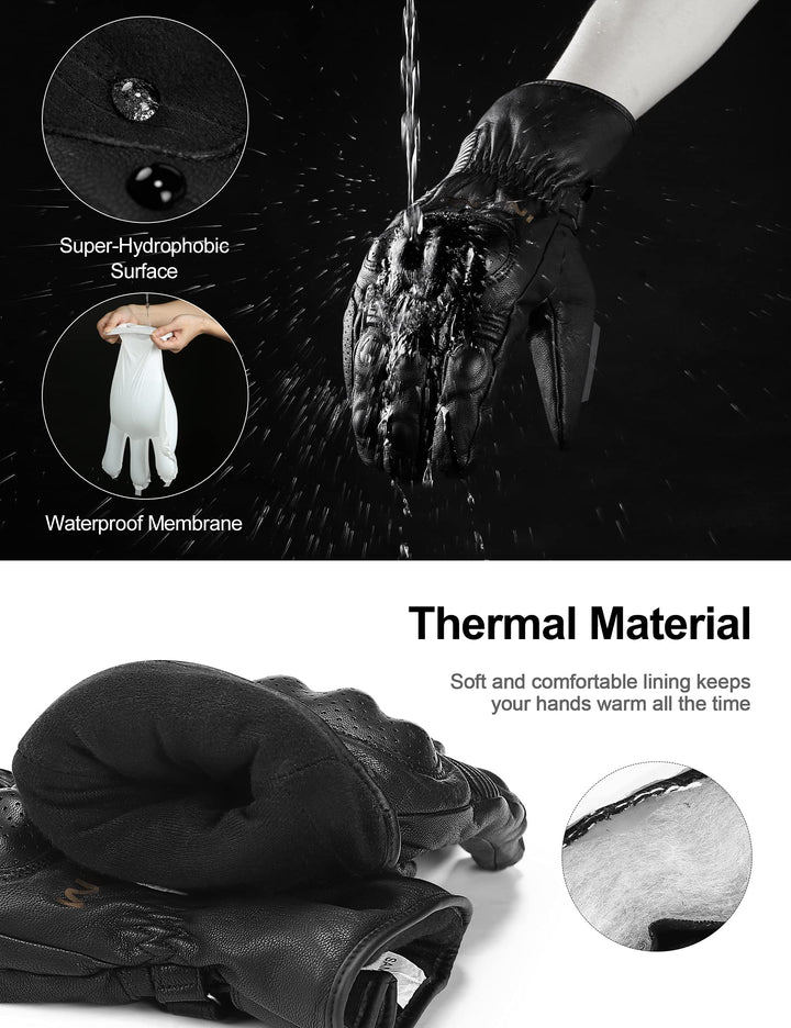Winter Motorcycle Gloves, Cold Weather Thermal Leather Full Finger Motorbike Gloves Black Large