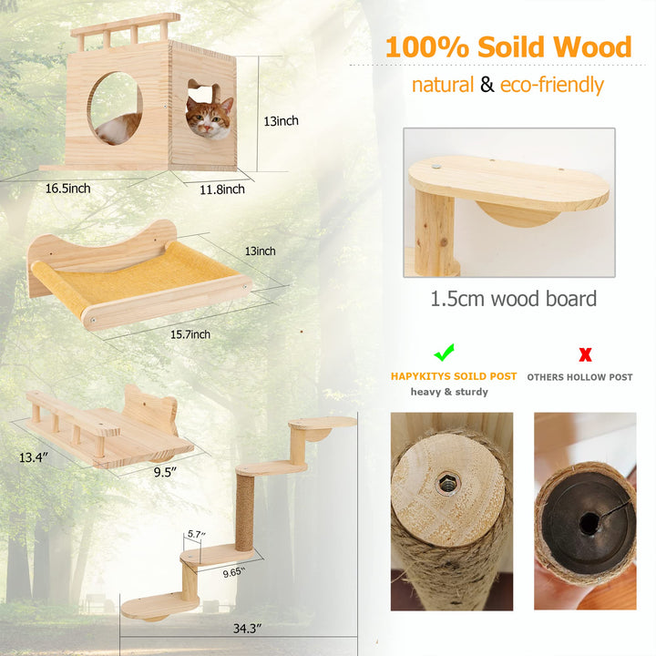 Cat Shelves and Perches Wall Mounted Indoor Cats Furniture Solid Wood Cat Wall House Set for Activity Climbers 5pcs/Set