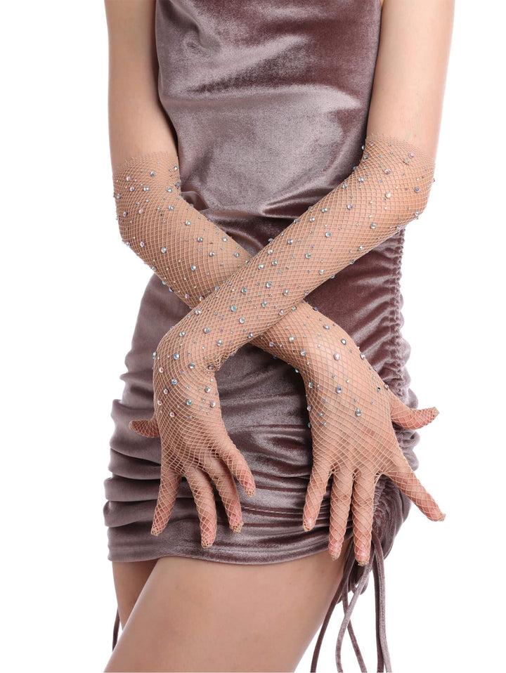Women Rhinestone Fishnet Long Gloves Mesh Sparkly Glitter Fashion Opera Gloves For Party Halloween Costumes Accessories Nude