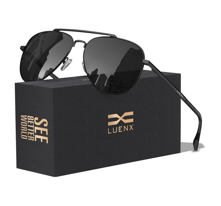 Aviator Sunglasses for Men Womens Polarized Driving Shades Black Lens Black Metal Frame Classic Style 60mm