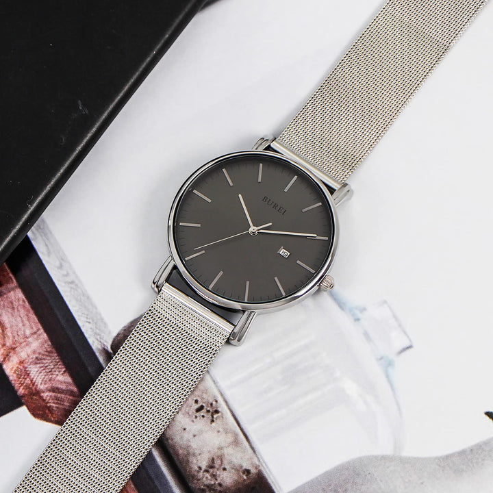 Men&#39;s Fashion Minimalist Wrist Watch Waterproof Watches Simple Ultra Thin Watches Analog Quartz Date with Stainless Steel Mesh Band (Gray Silver)