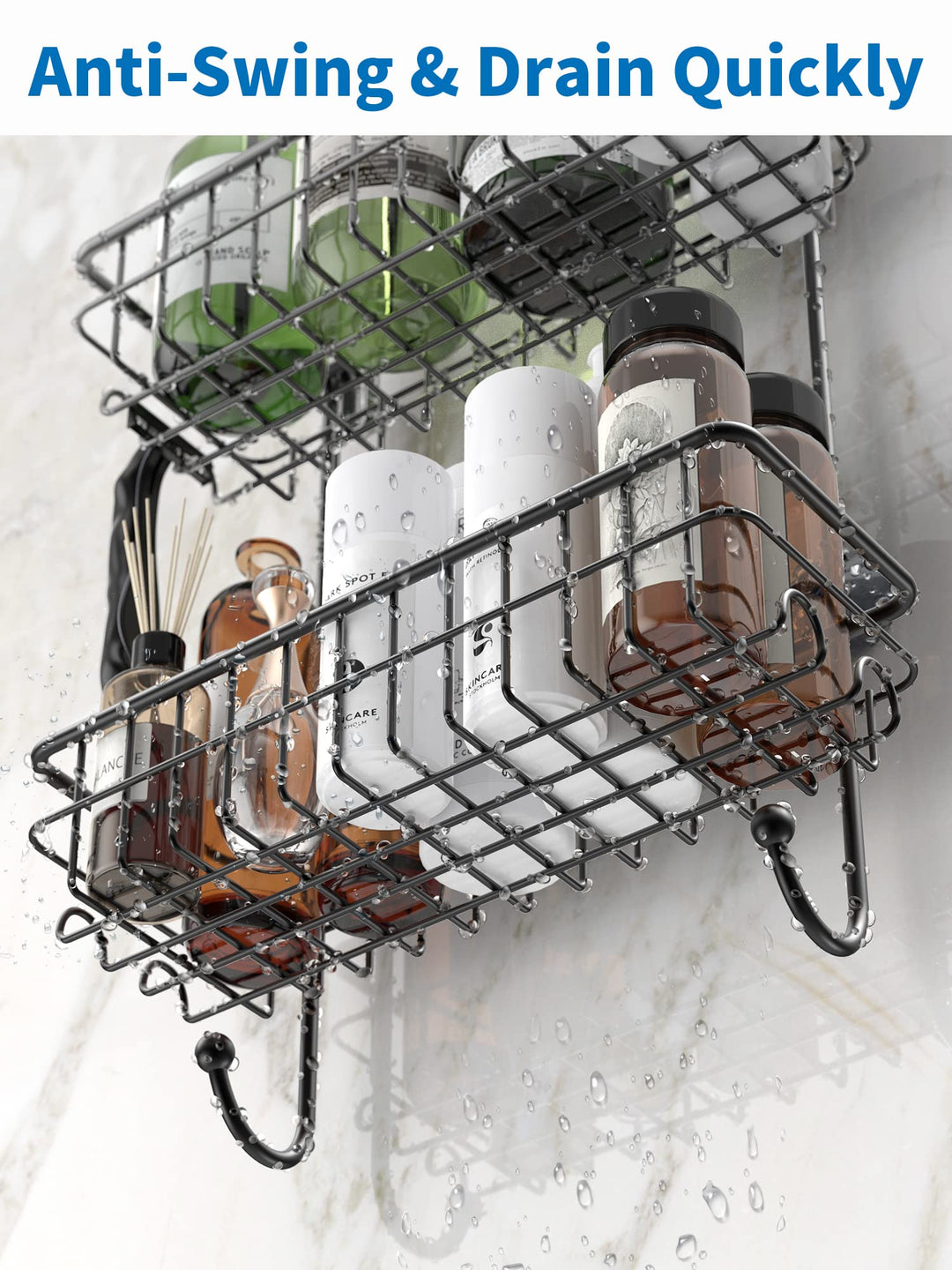 Hanging Shower Head Caddy, No Drilling, Stainless Steel Storage Rack for Toilet, Bathroom and Shower Room, Rustproof Bathroom Shower Shelf Organizer, Black