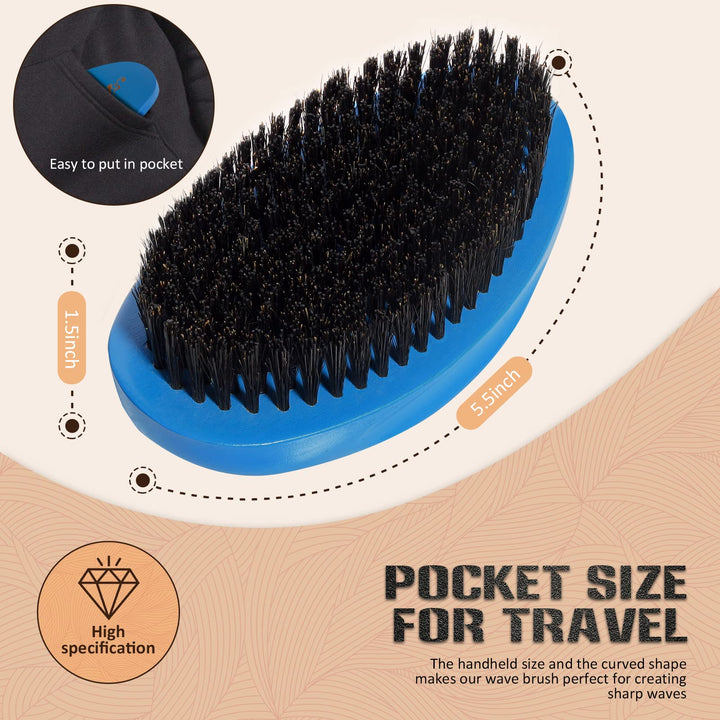 Medium Curved Palm Wave Brush 360 Wave Brush Made With Pure Black Boar Bristle Hair Brush Designed for Thin and Normal Hair-Mens Curved Military Wave (Blue)