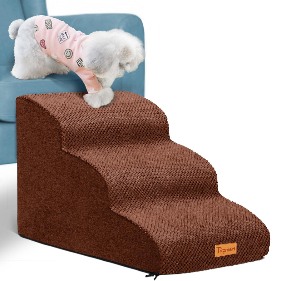 3 Tiers Foam Dog Ramps/Steps,Non-Slip Dog Steps,Extra Wide Deep Dog Stairs,High Density Foam Pet Stairs/Ladder,Best for Older Dogs,Cats,Small Pets,Color Brown