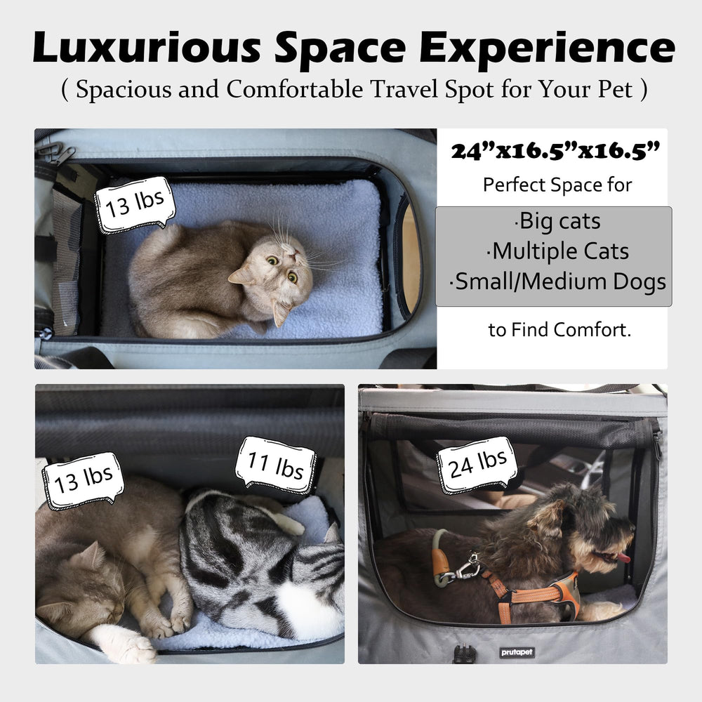 Large Cat Carrier 24x16.5x16.5 Soft-Sided Portable Pet Crate for Car Traveling with Collapsible Litter Box and Bowl