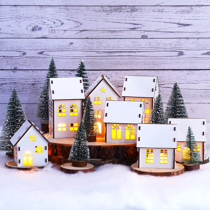 Winter Village Kit DIY White Wood Village Houses Mini Tree Farmhouse Winter Christmas Village Sets Christmas Scene Desktop Ornament for Winter Xmas Holiday Party(24 Pcs)