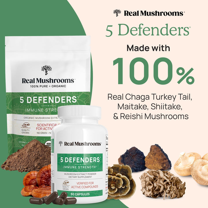 5 Defenders Powder - Organic Mushroom Extract w/Chaga, Shiitake, Maitake, Turkey Tail, Reishi Supplement Vegan, Non-GMO, 45 Servings