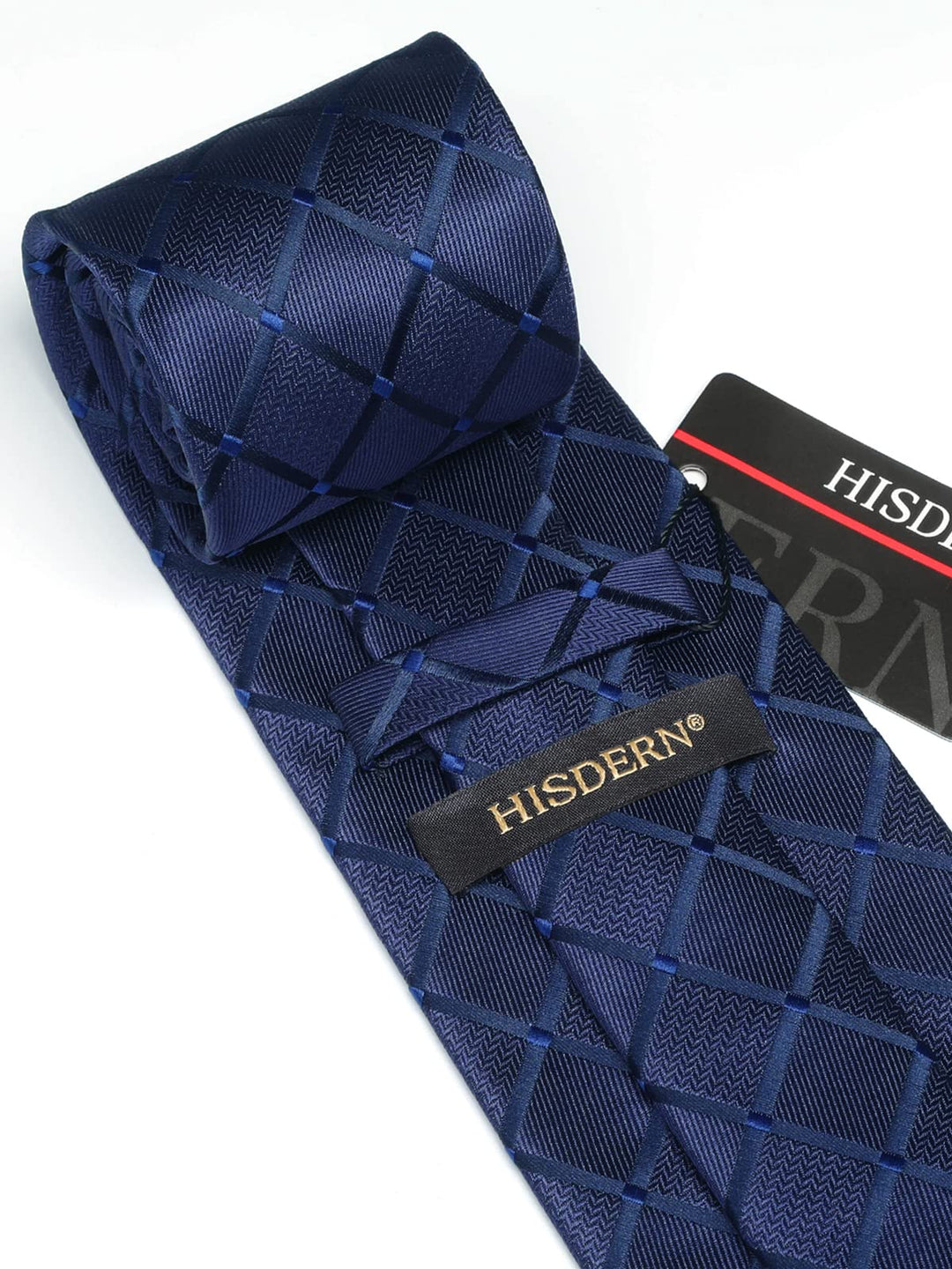 HISDERN Plaid Blue Tie Handkerchief Woven Classic Men&a