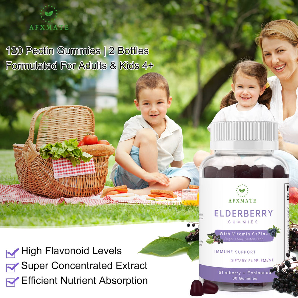 Sambucus Elderberry Gummies, Black Elderberry Gummy with Zinc and Vitamin C for Adults, Sugar Free Kids Multivitamin Gummies Immune Support* Supplement (2 Pack)