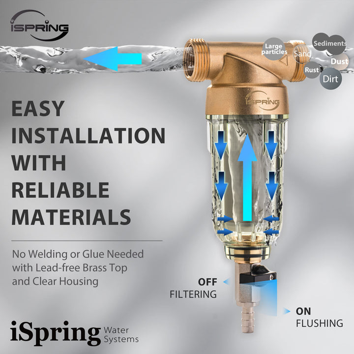 WSP-100 Reusable Whole House Spin Down Sediment Water Filter, 100 Micron Flushable Prefilter Filtration, 1 MNPT + 3/4 FNPT, Brass