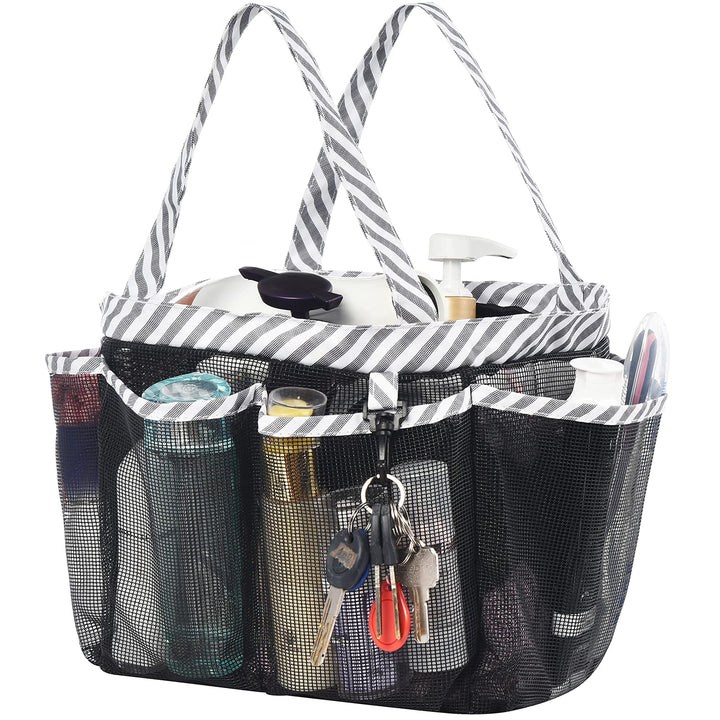 Mesh Shower Caddy Tote with Waterproof Inner Bag, Extra Large Black Portable Shower Caddy for College Dorm Bathroom Camp, 8 Basket Pocket