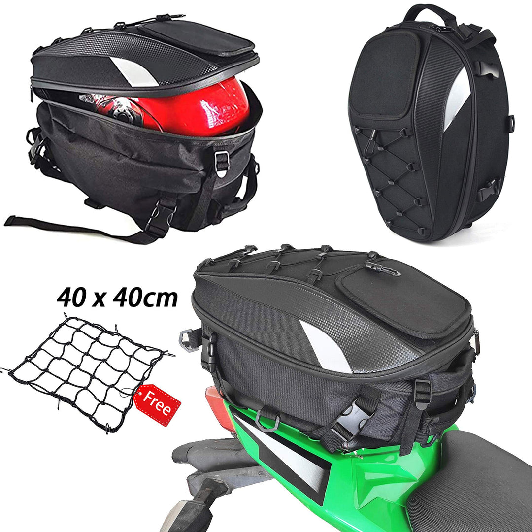 Motorcycle Tail Bag, Seat Bag, Dual Use Motorcycle Waterproof Helmet Bag for Motorbike - with One Extra Motorcycle Cargo Net