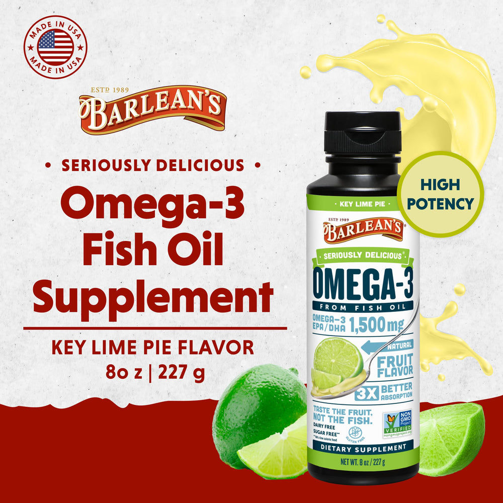 Key Lime Pie High Potency Omega 3 Fish Oil Liquid Supplement, 1500mg of EPA& DHA Fatty Acid, Smoothie Flavored & Burpless for Brain, Joint, & Heart Health, 8 oz