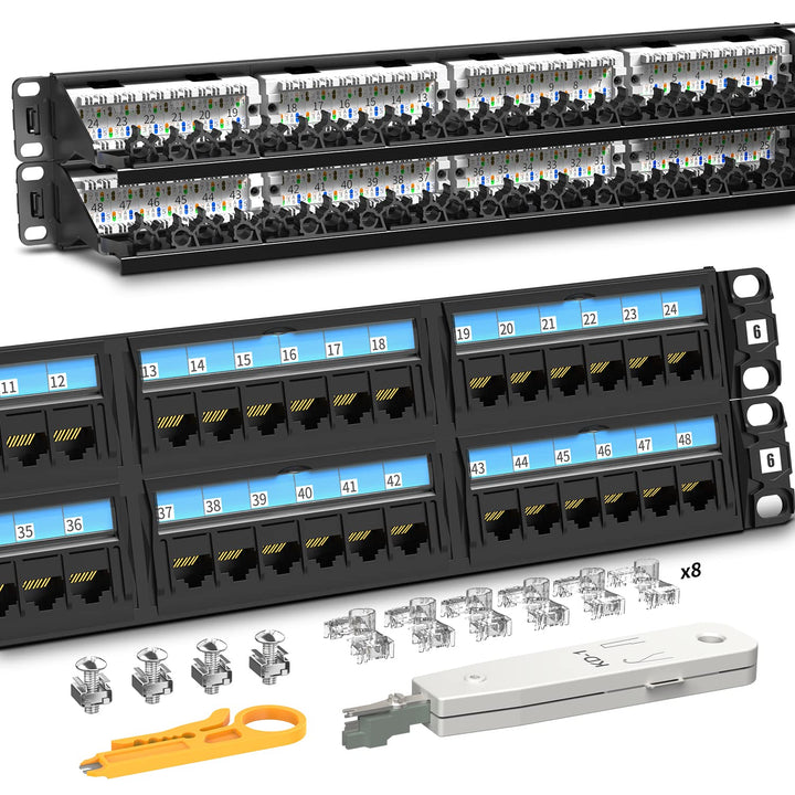 Industrial Series CAT6 48 Ports Patch Panel, Rack Mount - 2U, 19 inch, RJ45 Ethernet 568A 568B, 50u Gold Plated, with Rear Cable Management Bar