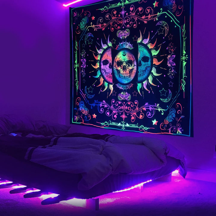 Blacklight Trippy Sun and Moon Stars Tapestry UV Reactive Skull Tapestry Wall Hanging psychedelic Black light Skeleton Tapestries for bedroom aesthetics Party Decor Poster 35.4 * 47.2inch