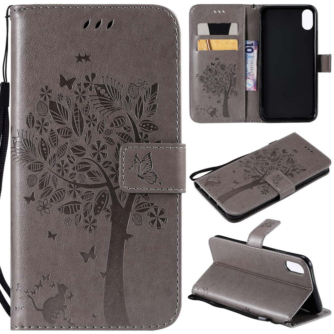 NOMO for iPhone XR Case,for iPhone XR Wallet Case,for iPhone XR Flip Case PU Leather Emboss Tree Cat Flowers Folio Magnetic Kickstand Cover with Card Slots for iPhone XR (6.1 inch) Release, Gray