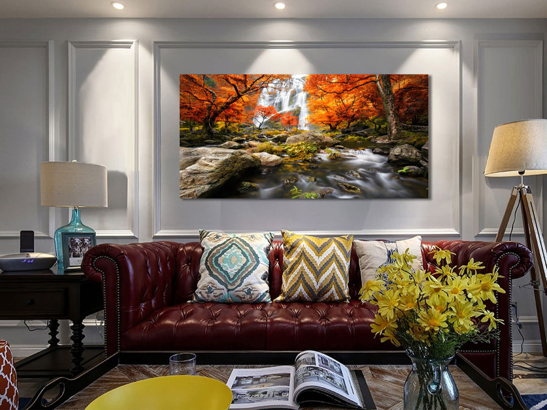 Landscape Canvas Wall Art Waterfall Nature Forest Scenery Painting, Modern Scene Artwork Mountain Scenery Picture Framed for Living Room Bedroom Bathroom Home Office Decor, Large Size 48x24