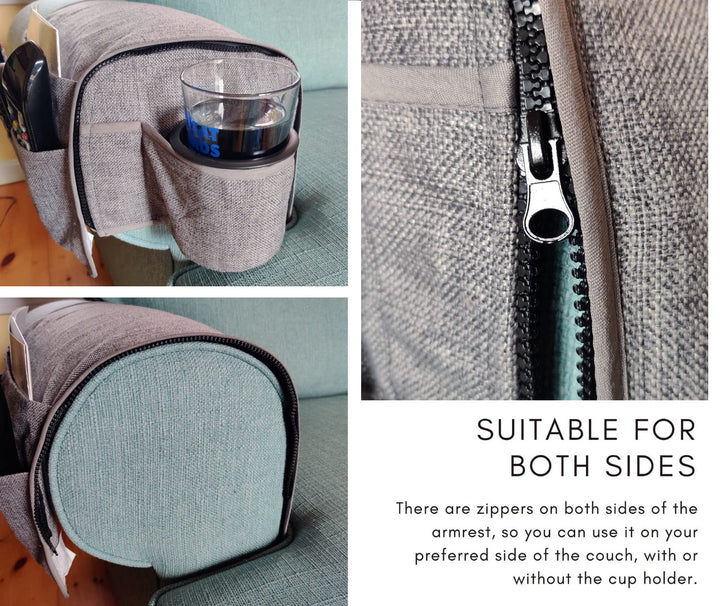 Couch Cup Holder Caddy - Armchair Caddy Remote Control Holder Armrest Organizer Recliner Cup Holder Non Slip Arm Chair Couch Cup Holder 6 Storage Pockets wt Drink Caddie Gray (8 Inches)