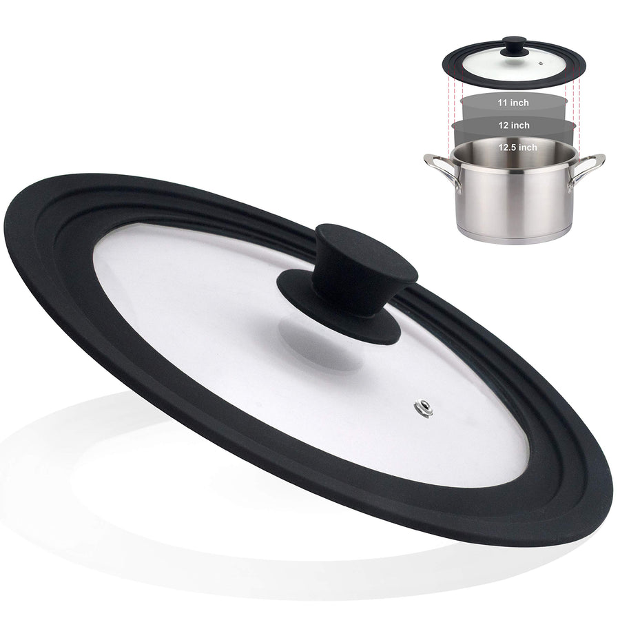 Universal Lid for Pots, Pans and Skillets - Tempered Glass with Heat Resistant Silicone Rim, Fits 11, 12 and 12.5 Diameter Cookware