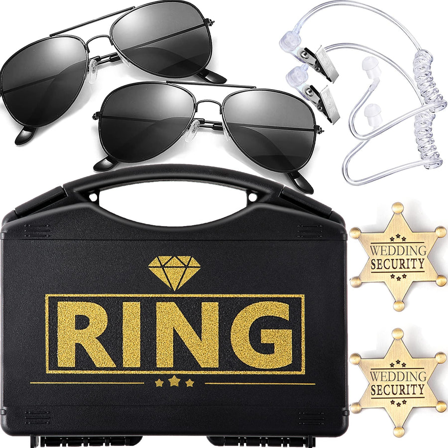 Ring Wedding Bearer Security:Ring Wedding Security Set Ring Box Bearer + Sun Glasses + EarPiece Cosplay + Ring Badge Bearer Toy Ring Bearer Gifts Box Outfit (Gold Classic Style)