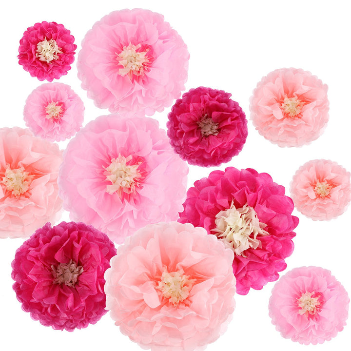 Gejoy 12 Pieces Pink Paper Flowers Tissue Pom Poms Giant Tissue Paper Chrysanth Fiesta Flowers DIY Crafting for Wedding Backdrop Bridal Baby Shower Birthday Nursery Outdoor Wall Decoration