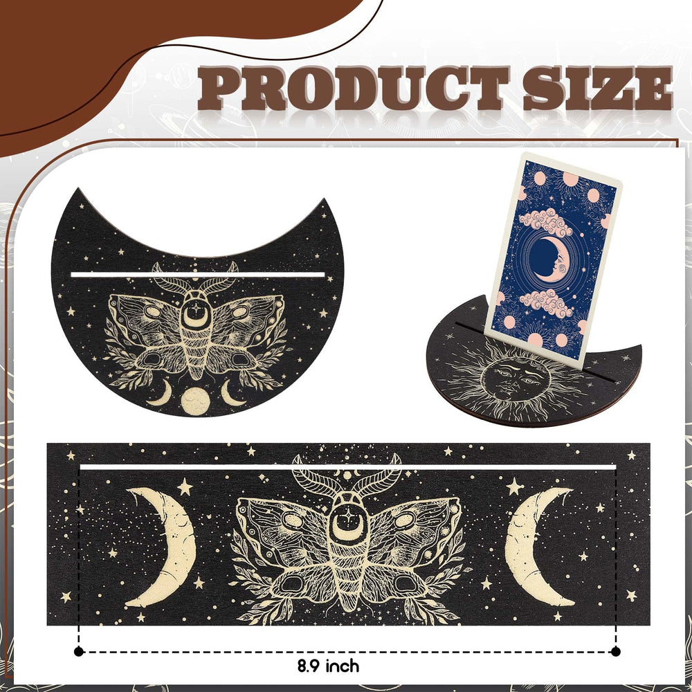Wooden Tarot Card Stand Holder 4 Pieces Moon Phase Tarot Card Altar Stand Sun Moth Pattern Tarot Card Holder Stand Rectangle Moon Shape Display Wooden Card Stand Oracle Witch Divination Tools