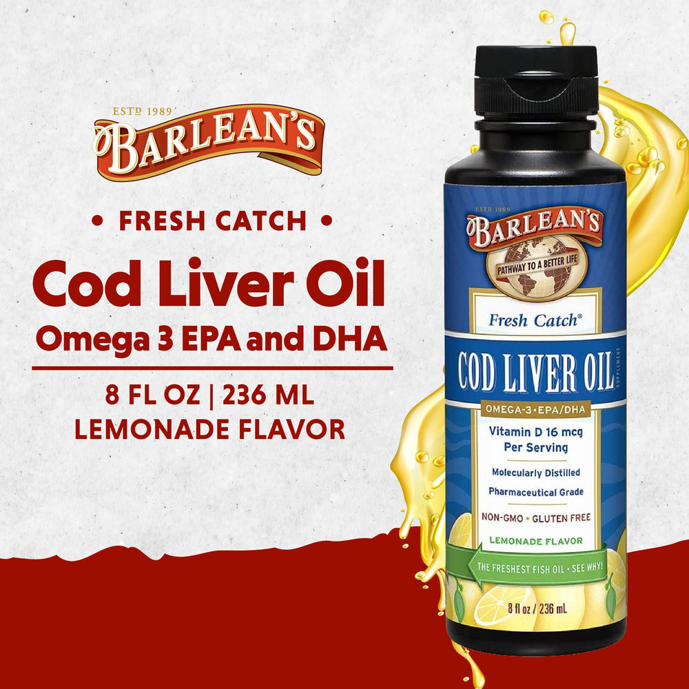 Cod Liver Oil Liquid Supplement, Omega 3 Fish Oil with 900mg EPA and DHA Plus Vitamin D, Supplements for Joint, Brain, and Heart Health Support, Lemonade Flavor, 8 oz