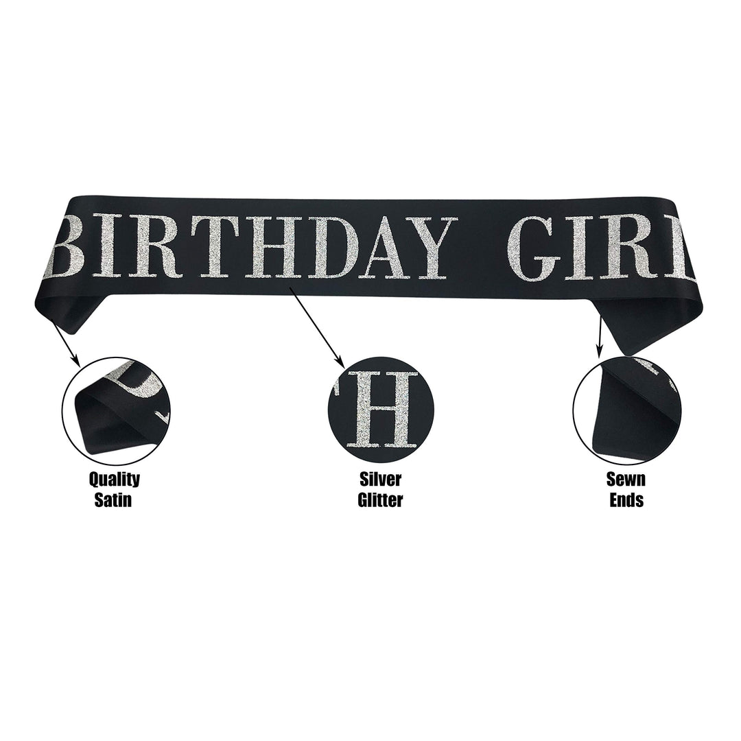 Birthday Girl Sash, Black Satin Silver Glitter Sash, Happy Birthday Princess Party Decorations, Women&#39;s Birthday Party Supplies, 16,18,21,30,40,50 or Any Other Birthday Party