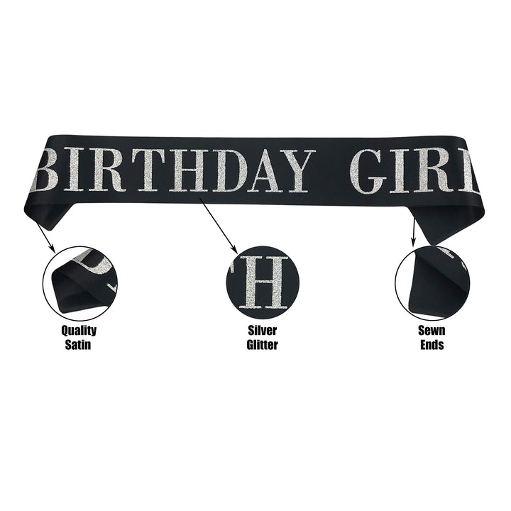 Birthday Girl Sash, Black Satin Silver Glitter Sash, Happy Birthday Princess Party Decorations, Women&#39;s Birthday Party Supplies, 16,18,21,30,40,50 or Any Other Birthday Party