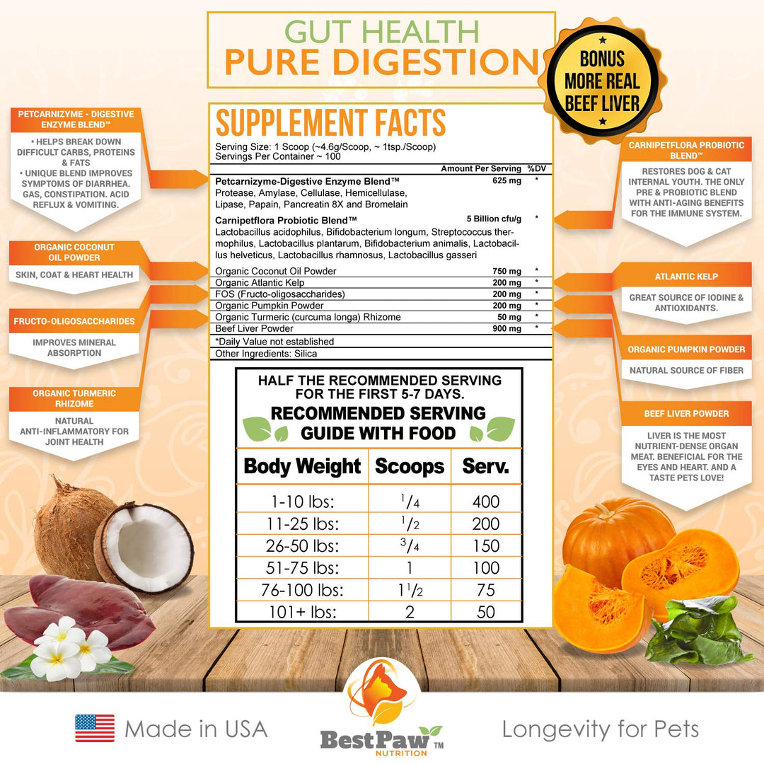 Probiotics for Dogs &amp; Cats with Prebiotics &amp; Digestive Enzymes Best for Gas Diarrhea UTI &amp; Yeast Infection Relief Grain Free Powder Supplement Organic Coconut Oil Pumpkin &amp; Turmeric Made in The USA
