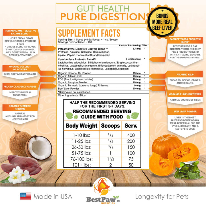 Probiotics for Dogs &amp; Cats with Prebiotics &amp; Digestive Enzymes Best for Gas Diarrhea UTI &amp; Yeast Infection Relief Grain Free Powder Supplement Organic Coconut Oil Pumpkin &amp; Turmeric Made in The USA