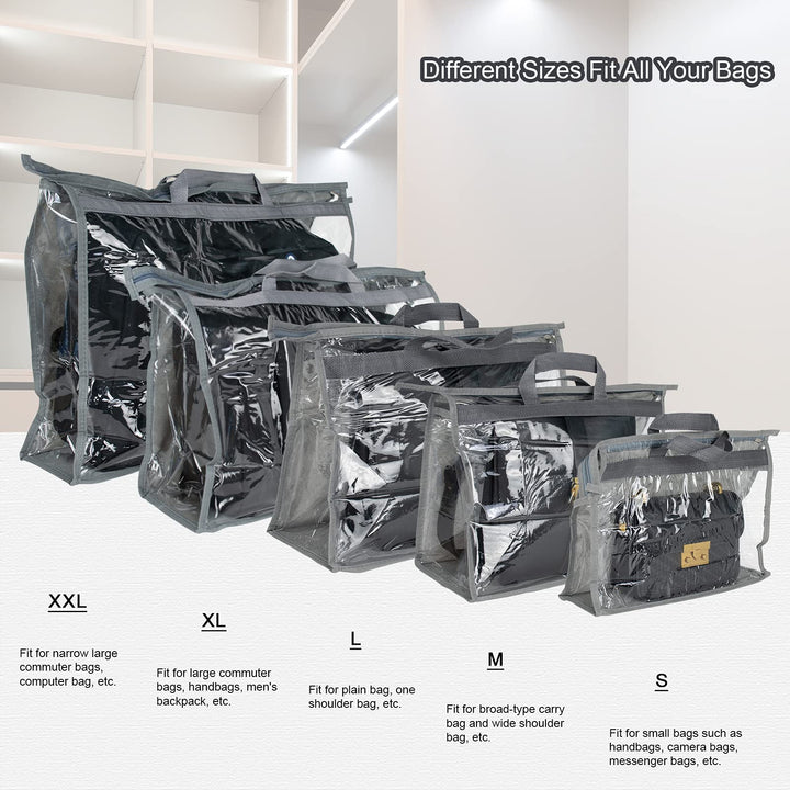 10Pcs Clear Handbag Storage Organizer Dust Cover Bags, 5 Sizes Transparent Purse Protector Storage Bag with Zipper and Handle for closet shelf - Dustproof &amp; Moistureproof (Grey)