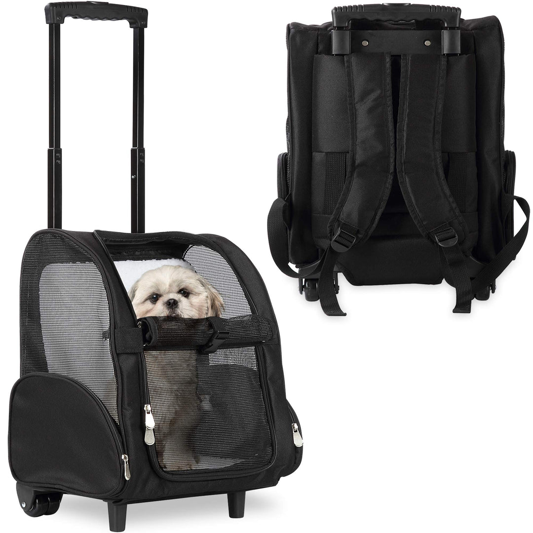 Deluxe Backpack Pet Travel Carrier with Double Wheels for Pets up to 18 Pounds - Black