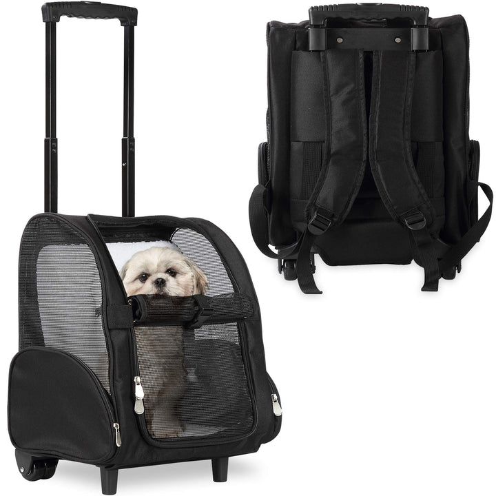 Deluxe Backpack Pet Travel Carrier with Double Wheels for Pets up to 18 Pounds - Black