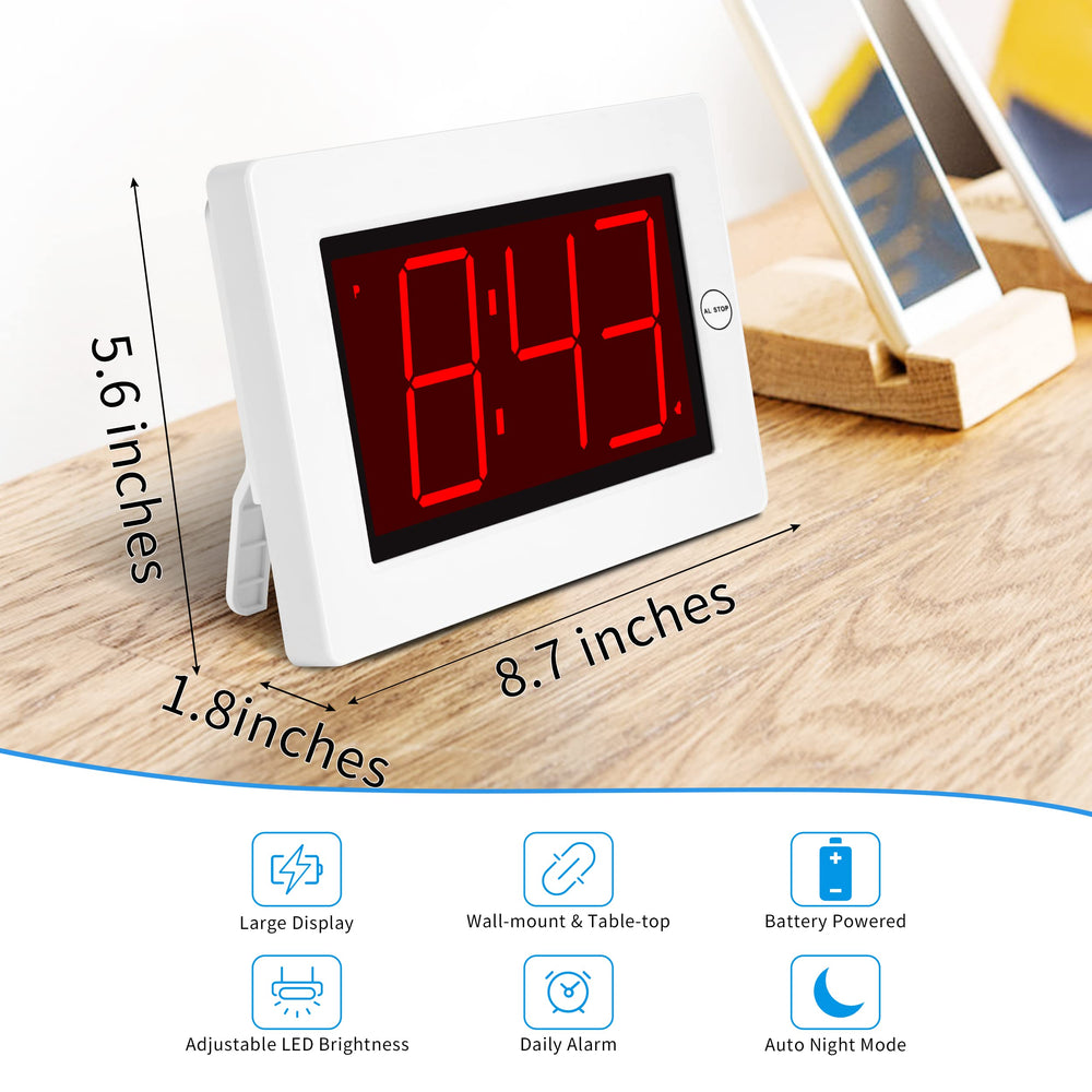 Small Wall Clock, Digital Alarm Clock, 8 Extra Large Display, 3 LED Digit Contantly Light Up, Battery Operated, Adjustable Brightness, Clock for Bedroom, Wall-Mounted/Table-top