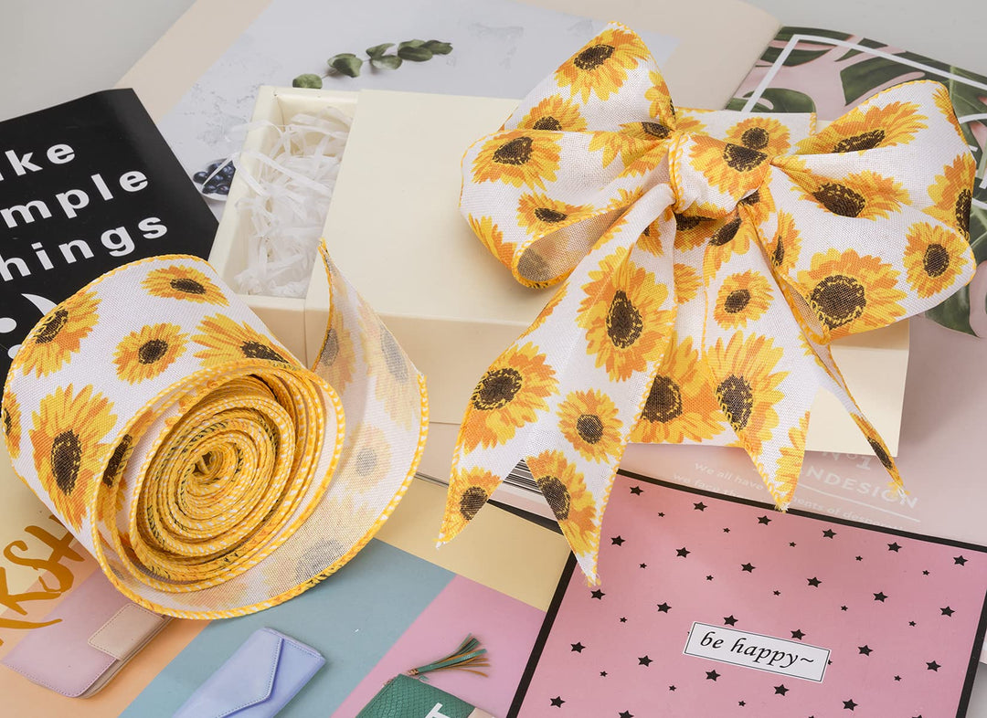 Sunflower Wired Ribbon, Flower Sunflower Ribbon for Spring Summer Autumn Wreath, Wrapping and Home Decoration, 10 Yards by 2.5 Inches (Style 1)