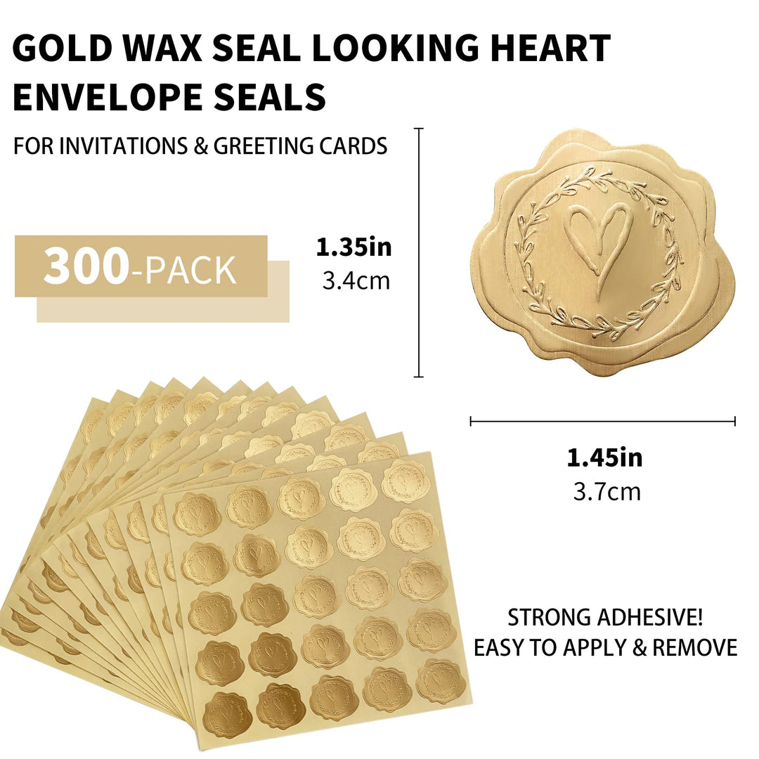 DreamBuilt 300pcs Gold Embossed Wax Seal Looking Heart 