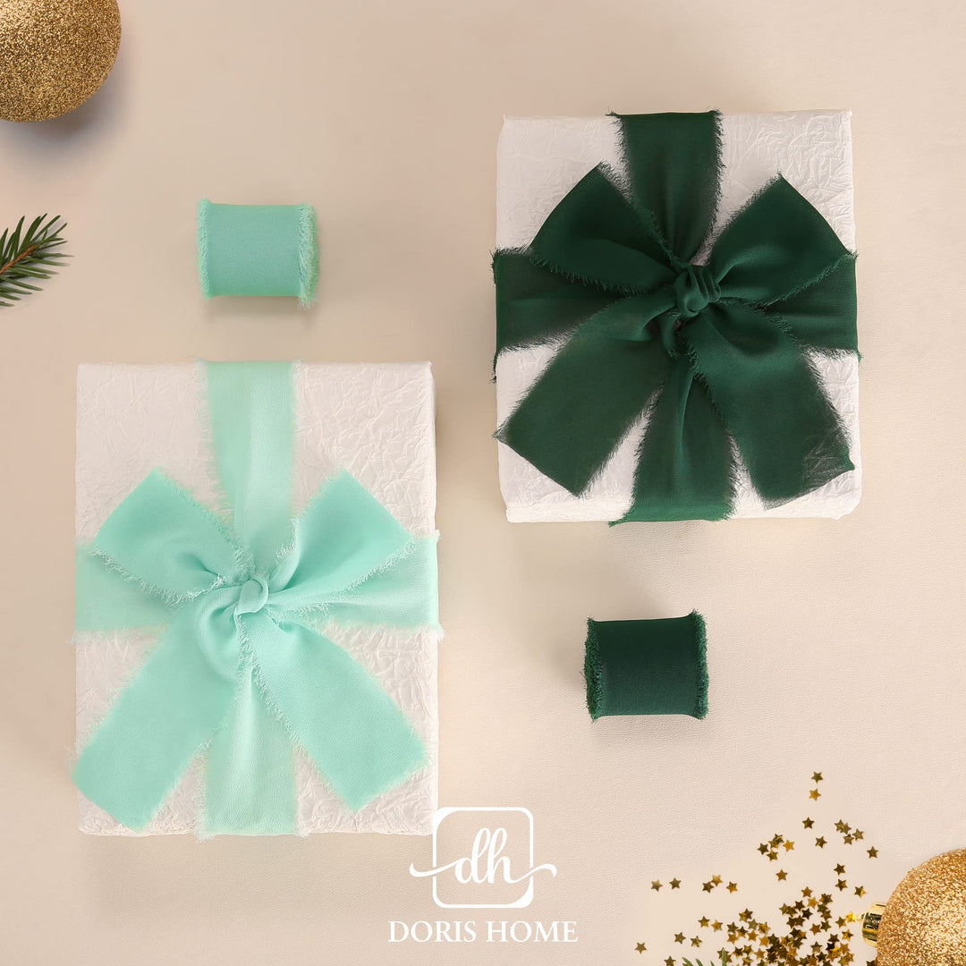 Doris Home Handmade Fringe Fabric Chiffon Silk-Like Ribbon 2 x 7Yd Set of 3 Rolls Ribbons for Wedding Invitations, Bouquets, Gift Wrapping (Dark Green/Forest Green/Mint Green)