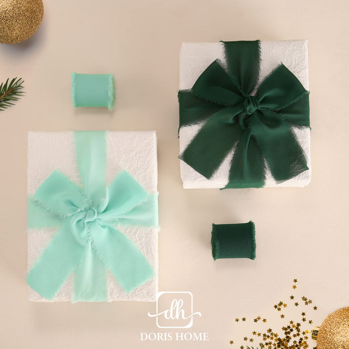 Doris Home Handmade Fringe Fabric Chiffon Silk-Like Ribbon 2 x 7Yd Set of 3 Rolls Ribbons for Wedding Invitations, Bouquets, Gift Wrapping (Dark Green/Forest Green/Mint Green)